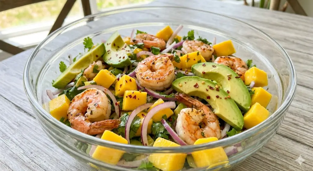 Salade avocat, crevettes et mangue