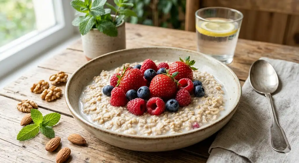 Porridge aux fruits rouges et noix