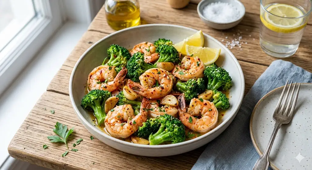 Crevettes sautées à l'ail et brocolis