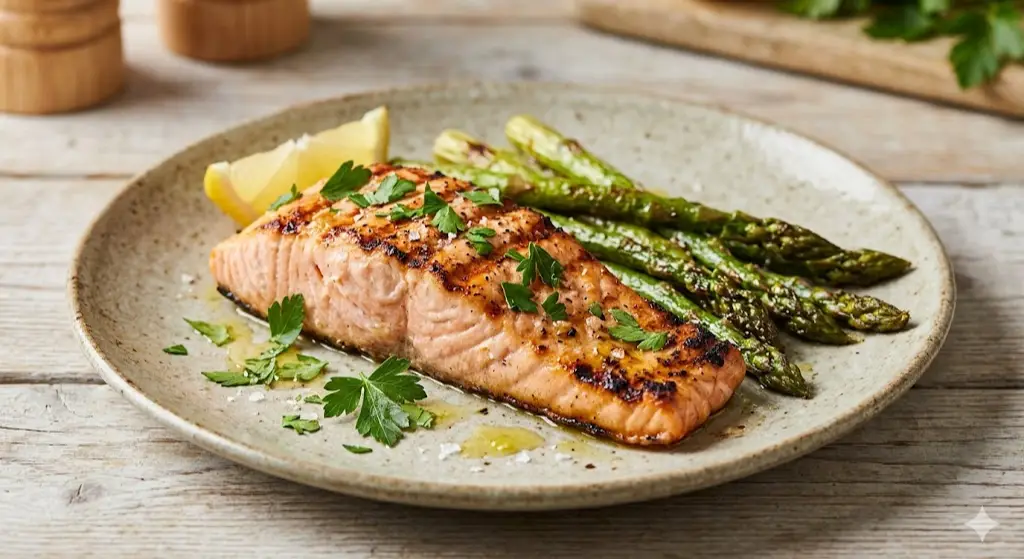 Saumon grillé et asperges rôties