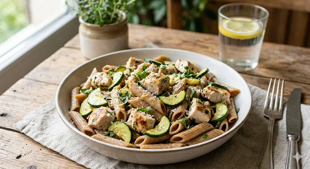 Pâtes complètes au poulet et courgettes