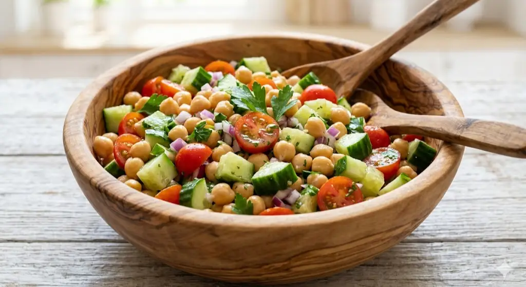 Salade de pois chiches, concombre et tomates