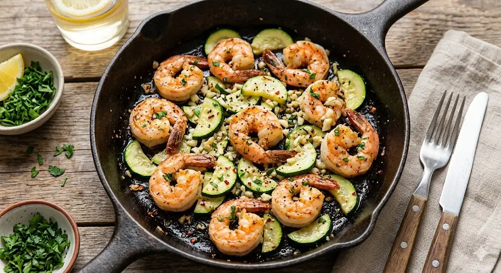 Crevettes sautées à l'ail et courgettes