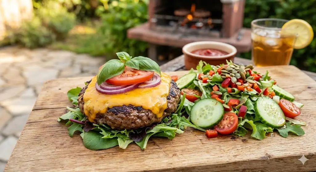 Burger sans pain avec salade et cheddar