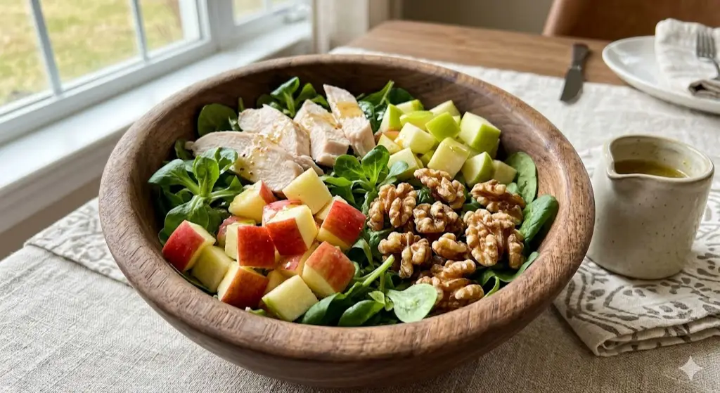 Salade de poulet, noix et pomme