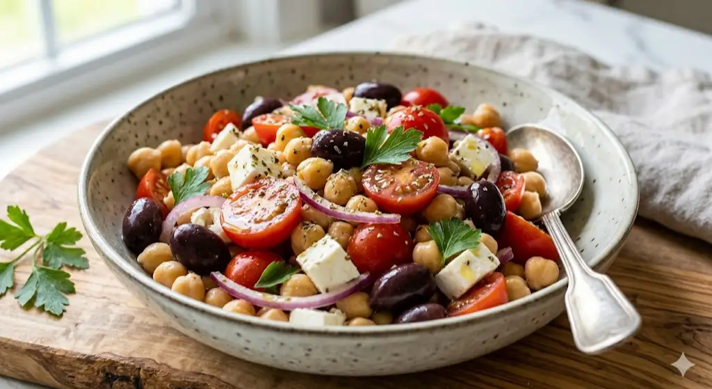 Salade de pois chiches, tomates et olives