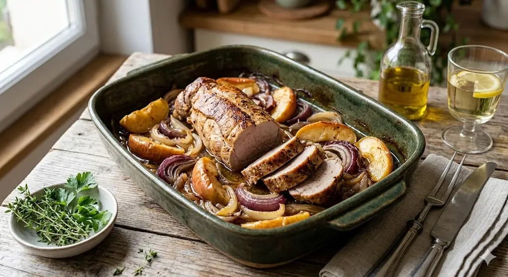 Filet de porc aux pommes et oignons