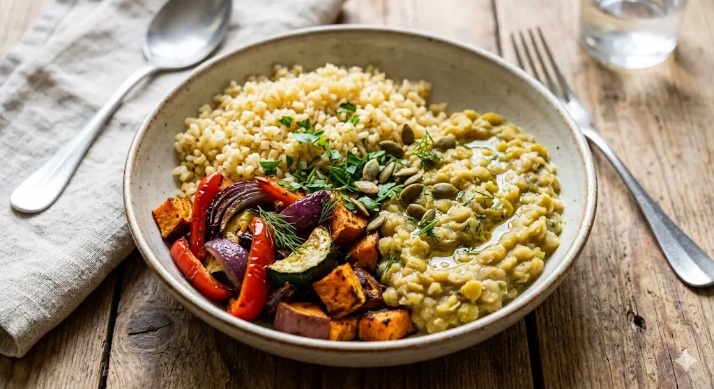 Bowl de boulgour, légumes rôtis et pois cassés