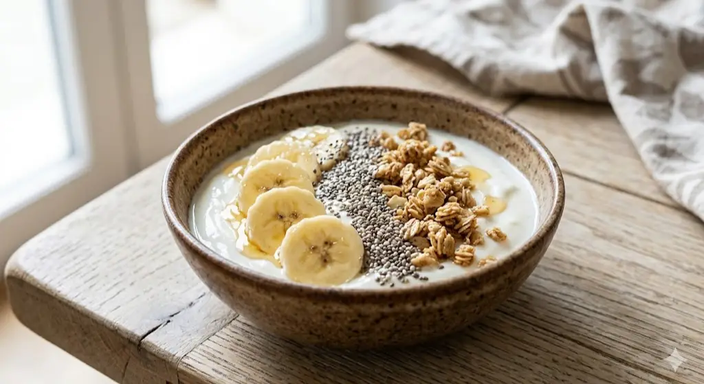 Yaourt nature, banane et graines de chia