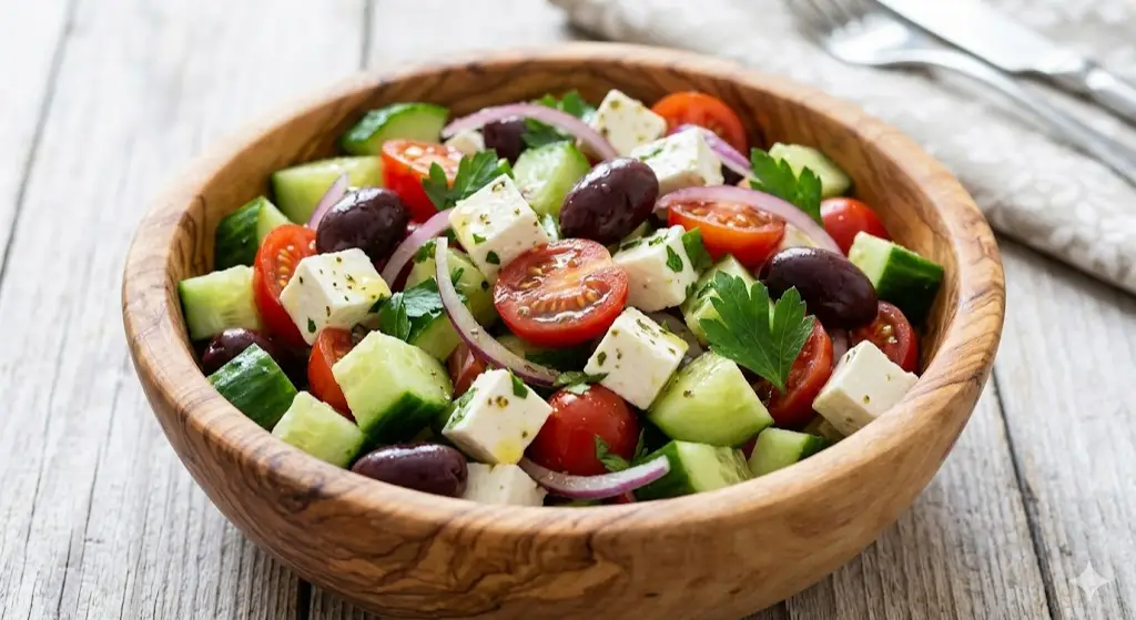 Salade grecque au concombre, tomates et feta