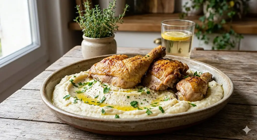 Poulet rôti et purée de chou-fleur