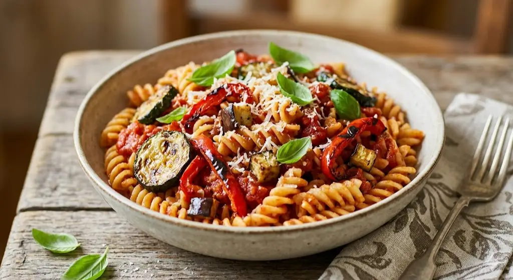 Pâtes à la sauce tomate et légumes rôtis
