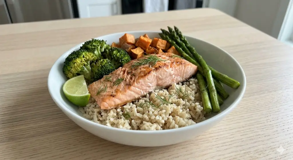 Riz complet au saumon et légumes