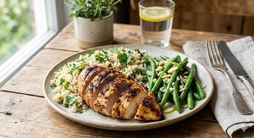 Poulet grillé, quinoa et haricots verts