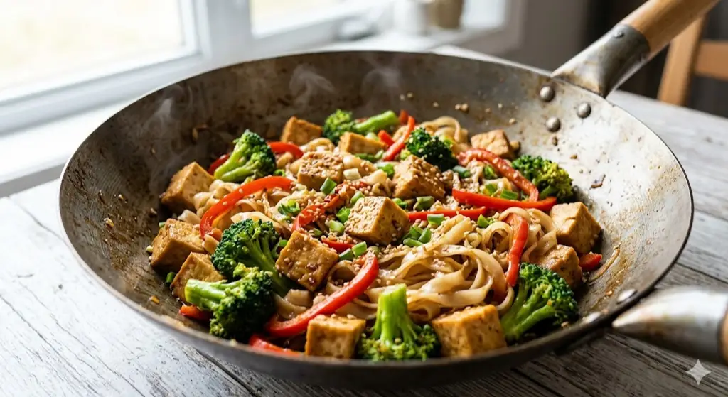 Wok de tofu, brocolis et nouilles de riz
