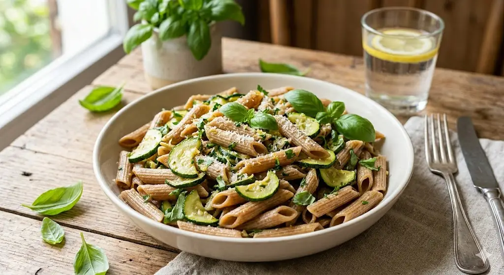 Pâtes complètes aux courgettes et au basilic
